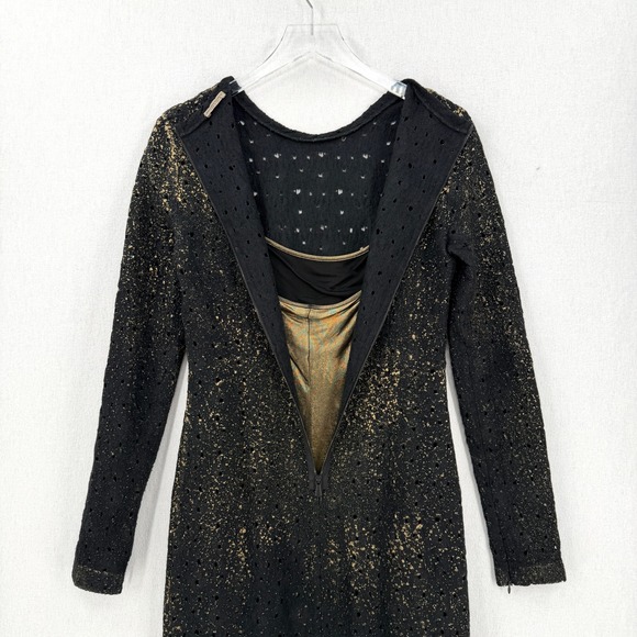 BOTTEGA VENETA Perforate Gold Foil Wool Dress Black Gold Sheath Long Sleeve - Picture 14 of 16